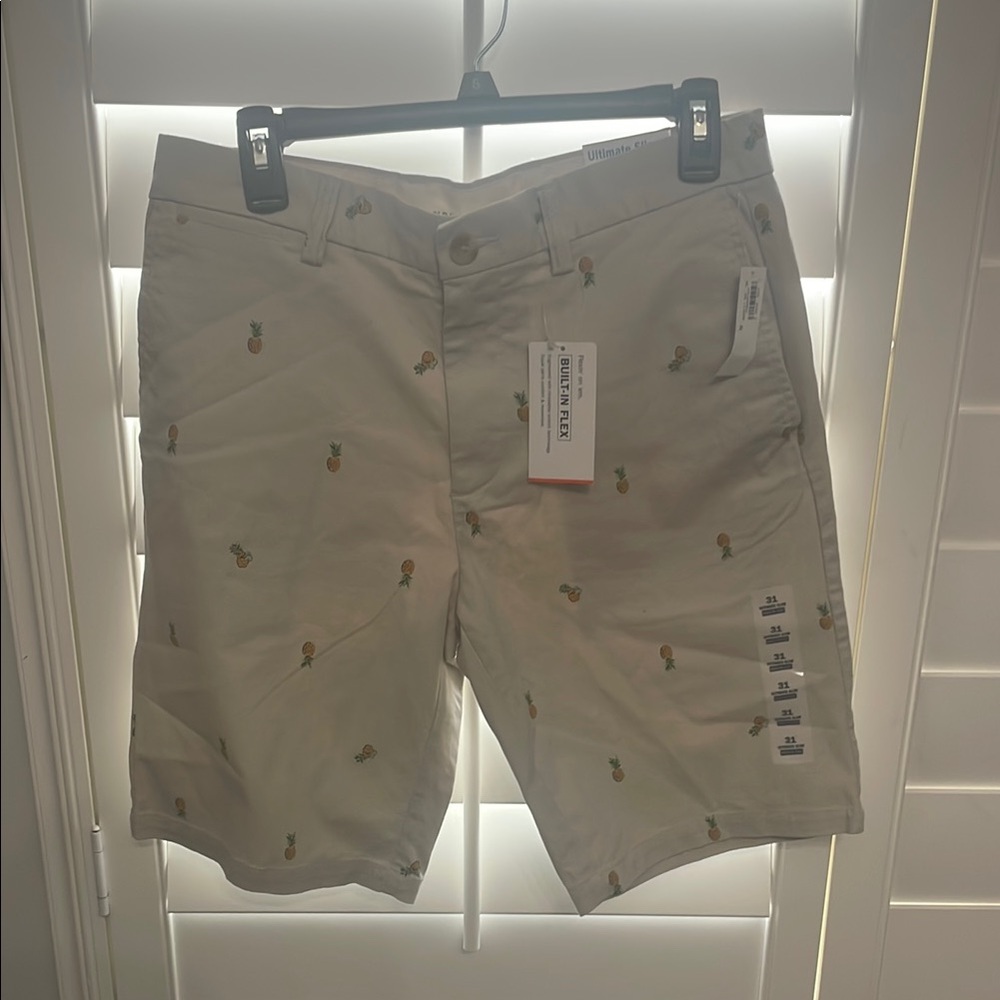 Beige Pineapple Print Flat Front Men Shorts
